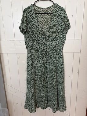 Reformation Dark Green Ditsy Floral Button-Front Midi Dress